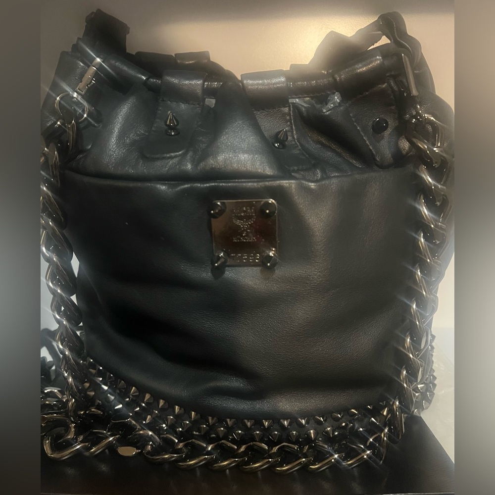 ‼️SOLD‼️MCM BLACK LEATHER STUDDED BUCKET BAG